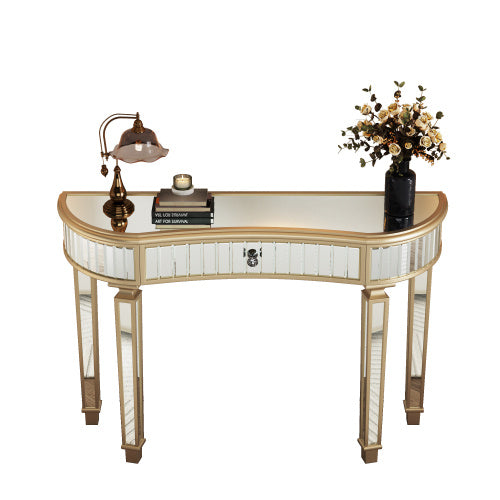 47 Half Moon Mirrored Console Table With Fluted Glass Crystal Knob Drawer Silver Entryway Vanity Desk For BedroomDressing RoomGold Sliver