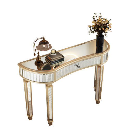 47 Half Moon Mirrored Console Table With Fluted Glass Crystal Knob Drawer Silver Entryway Vanity Desk For BedroomDressing RoomGold Sliver