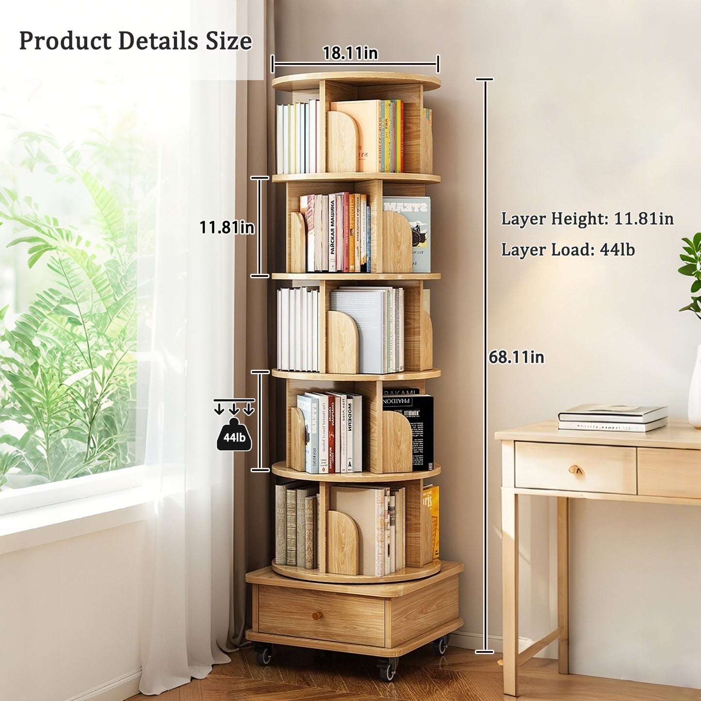 Layer Rotating Bookshelf, Display Circular Rotating Bookshelf With Wheels And Drawers, Saving Space, Small Space Rotating Bookshelf Tower, Natural Wood Color, Banned Platform Temu