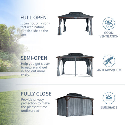 10' X 13' Hardtop Wood Gazebo For Patios, Outdoor Framed Gazebo With Polycarbonate Double Roof Canopy, Solid Wooden Framed Gazebo With Privacy Curtains And Mosquito Nettings For Garden, Backyard