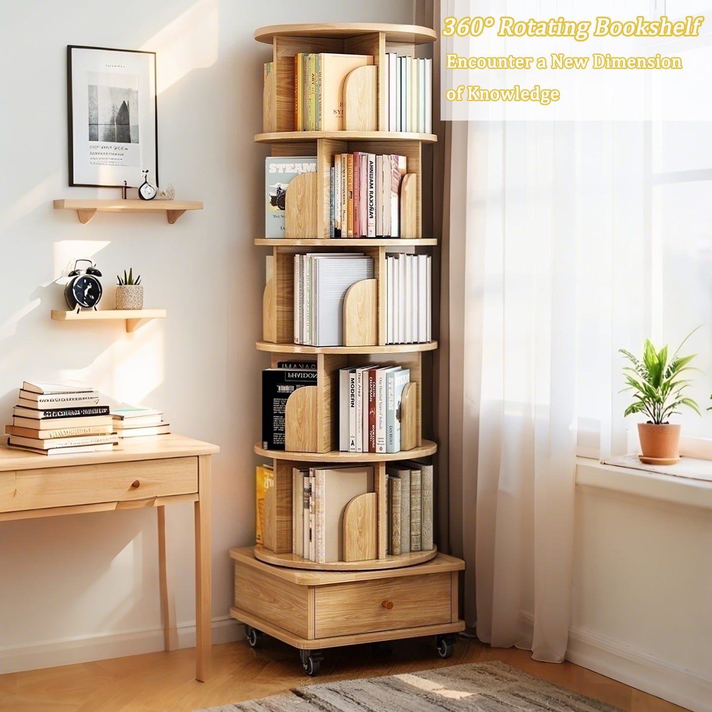 Layer Rotating Bookshelf, Display Circular Rotating Bookshelf With Wheels And Drawers, Saving Space, Small Space Rotating Bookshelf Tower, Natural Wood Color, Banned Platform Temu
