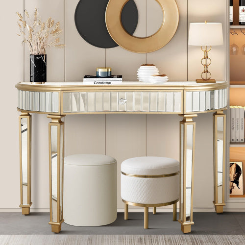 47 Half Moon Mirrored Console Table With Fluted Glass Crystal Knob Drawer Silver Entryway Vanity Desk For BedroomDressing RoomGold Sliver