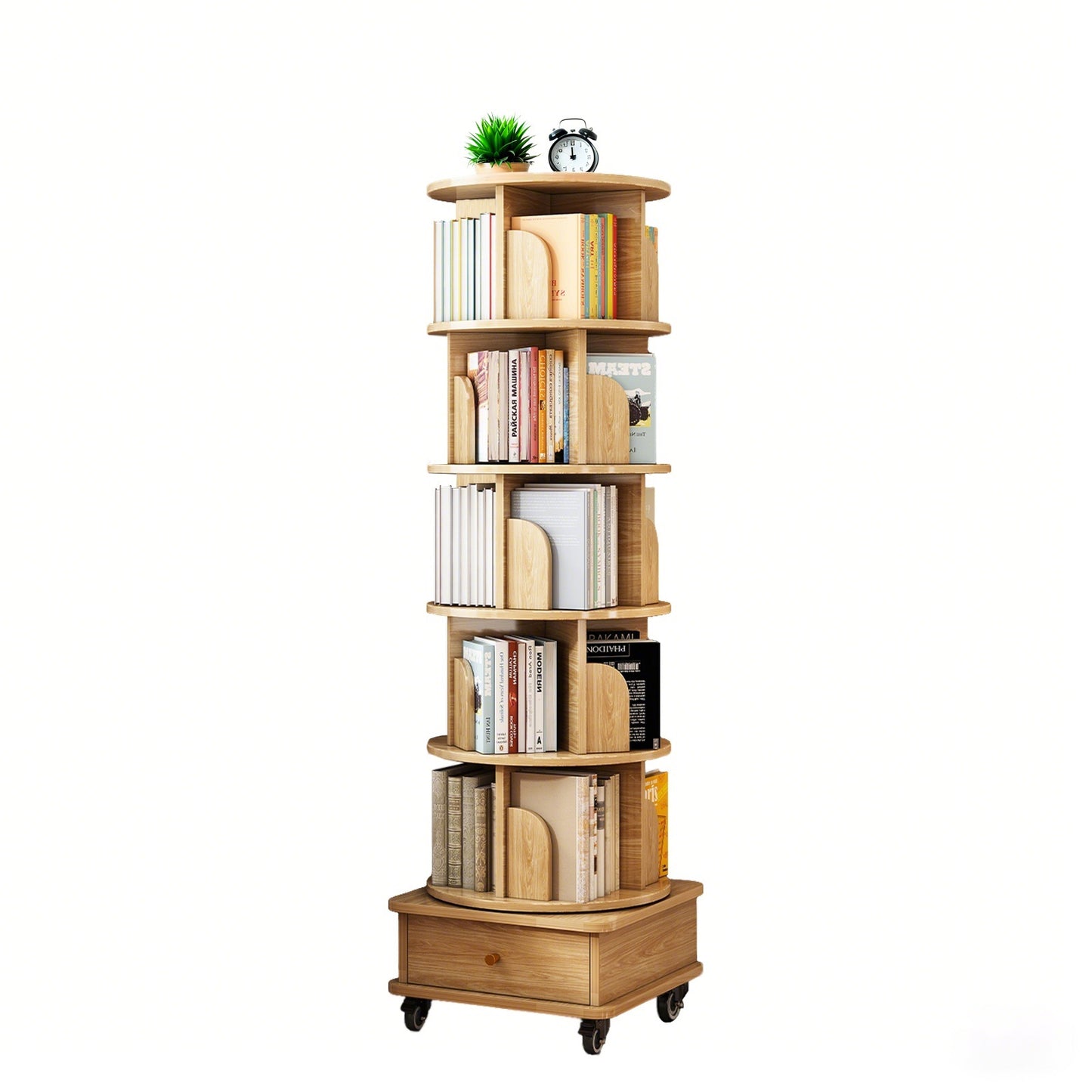 Layer Rotating Bookshelf, Display Circular Rotating Bookshelf With Wheels And Drawers, Saving Space, Small Space Rotating Bookshelf Tower, Natural Wood Color, Banned Platform Temu