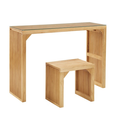 Pine Dining Bench And Table, Indoor Wood Bench For Entryway,Living Room,Kitchen And Bedroom Table And Bench Set Nature, Bench Table Small Tempered Glass Included