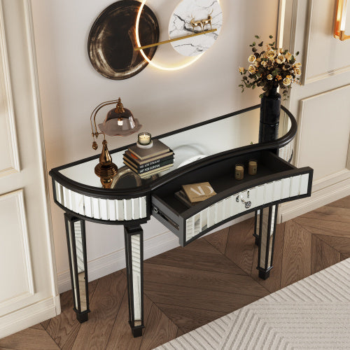 47 Half Moon Mirrored Console Table With Fluted Glass Crystal Knob Drawer Silver Entryway Vanity Desk For BedroomDressing RoomGold Sliver