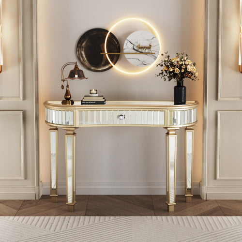 47 Half Moon Mirrored Console Table With Fluted Glass Crystal Knob Drawer Silver Entryway Vanity Desk For BedroomDressing RoomGold Sliver