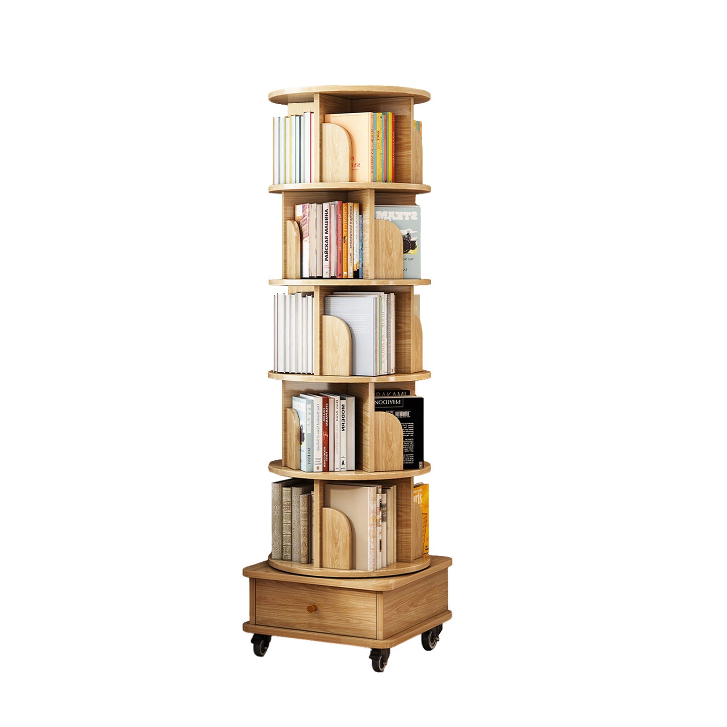Layer Rotating Bookshelf, Display Circular Rotating Bookshelf With Wheels And Drawers, Saving Space, Small Space Rotating Bookshelf Tower, Natural Wood Color, Banned Platform Temu