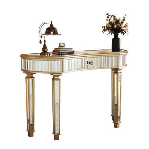 47 Half Moon Mirrored Console Table With Fluted Glass Crystal Knob Drawer Silver Entryway Vanity Desk For BedroomDressing RoomGold Sliver