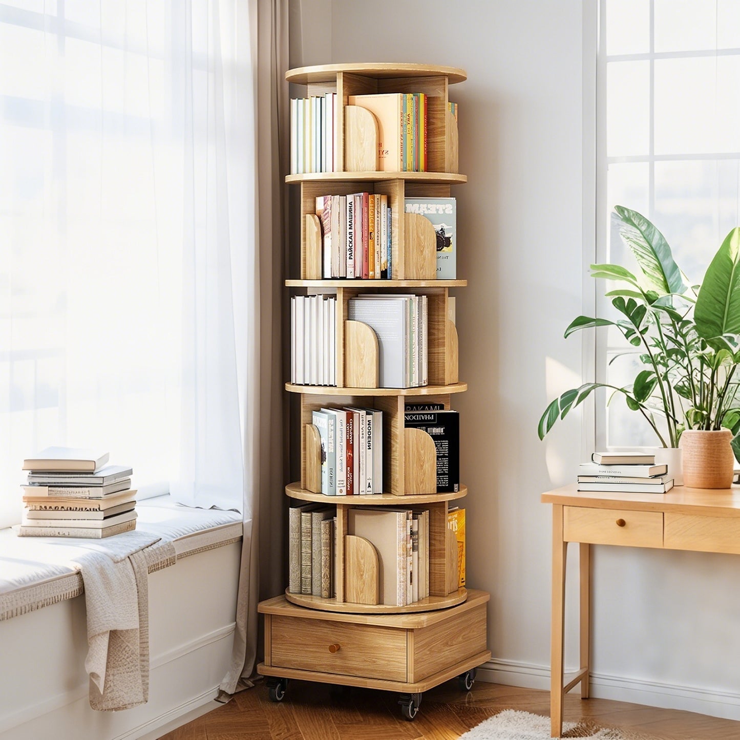 Layer Rotating Bookshelf, Display Circular Rotating Bookshelf With Wheels And Drawers, Saving Space, Small Space Rotating Bookshelf Tower, Natural Wood Color, Banned Platform Temu