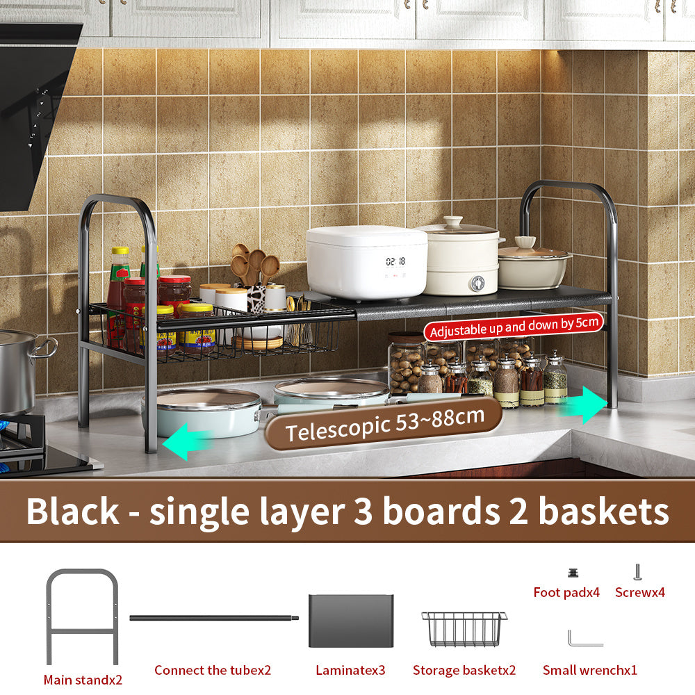 Under Sink Organizer, Under Bathroom Cabinet Organizer,2 Tier Expandable Heavy Duty Metal Shelf, With 3 Removable Panels And 2 Storage Basket, Under Sink Storage For Kitchen Bathroom Cabinet