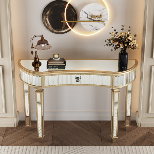 47 Half Moon Mirrored Console Table With Fluted Glass Crystal Knob Drawer Silver Entryway Vanity Desk For BedroomDressing RoomGold Sliver
