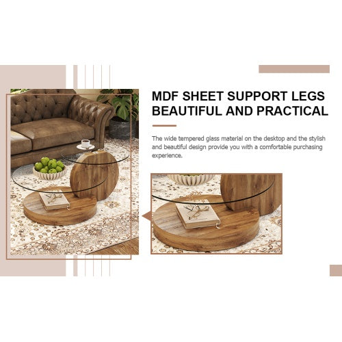 Modern And Practical Double-layer Round Table. Glass Table Top, Wood MDF Table Legs. Suitable For Living Room And Bedroom