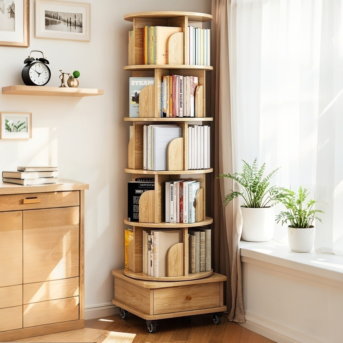 Layer Rotating Bookshelf,  Display Circular Rotating Bookshelf With Wheels And Drawers, Saving Space, Small Space Rotating Bookshelf Tower, Natural Wood Color, Banned Platform Temu