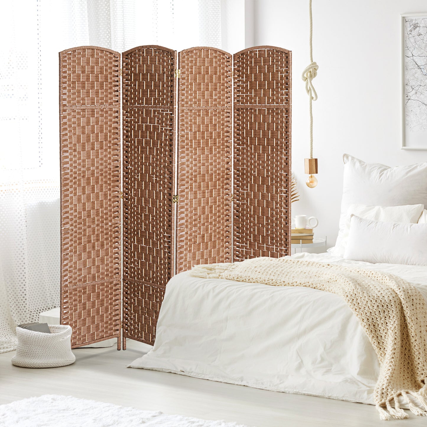 6FT Tall 4-Panel Wicker Weave Room Divider, Folding Privacy Screen, Portable Partition For Bedroom & Home Office, Natural