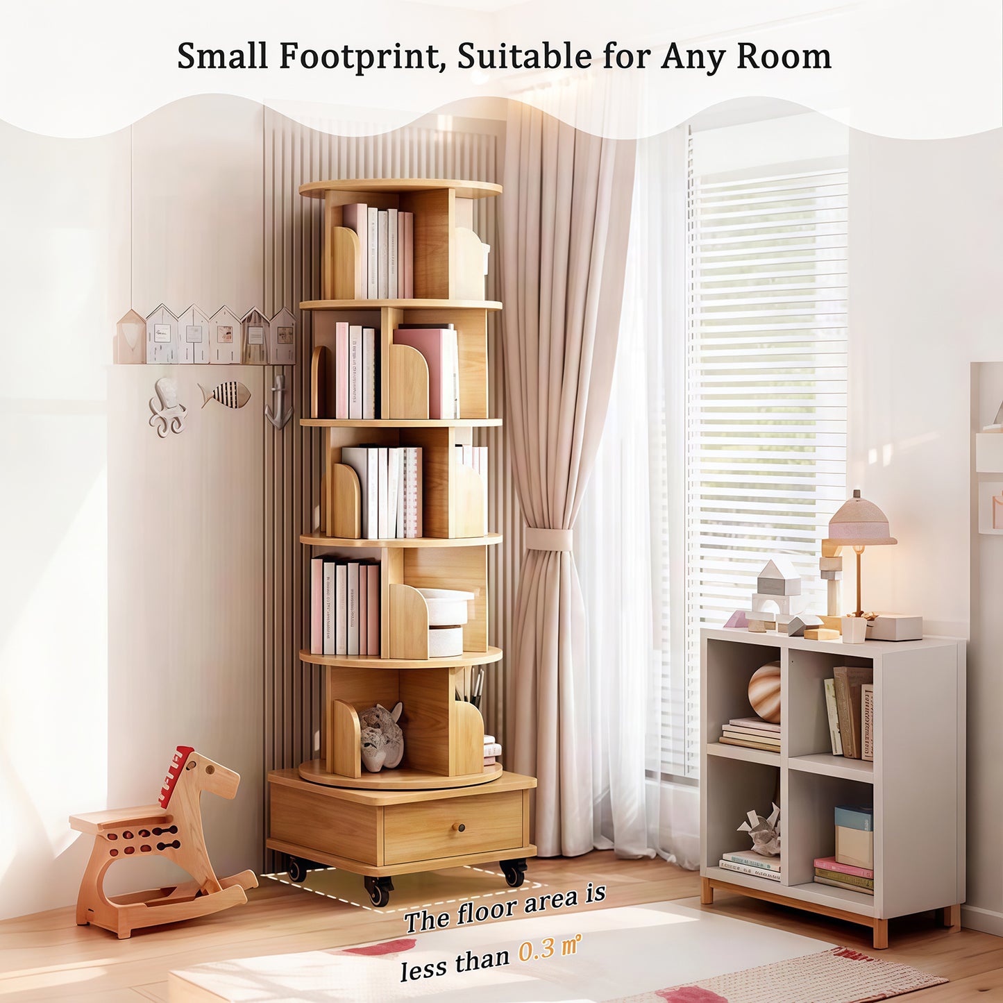 Layer Rotating Bookshelf,  Display Circular Rotating Bookshelf With Wheels And Drawers, Saving Space, Small Space Rotating Bookshelf Tower, Natural Wood Color, Banned Platform Temu