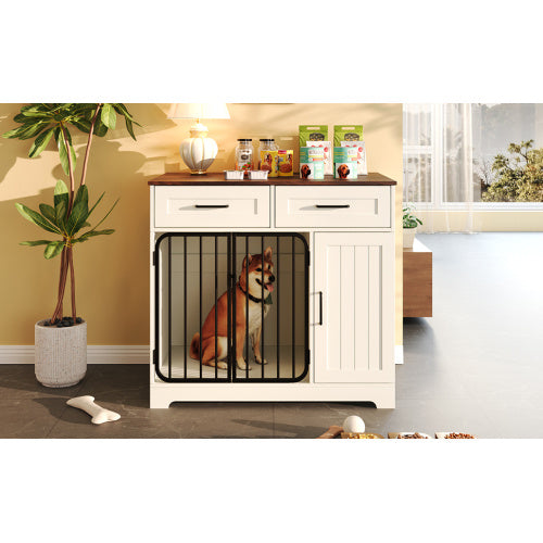 GO 37.4 Dog Crate Furniture, Indoor Dog Kennel With 2 Drawers And Storage Cabinet, Modern Furniture Dog Crate Side End Table For Small Medium Dogs, White