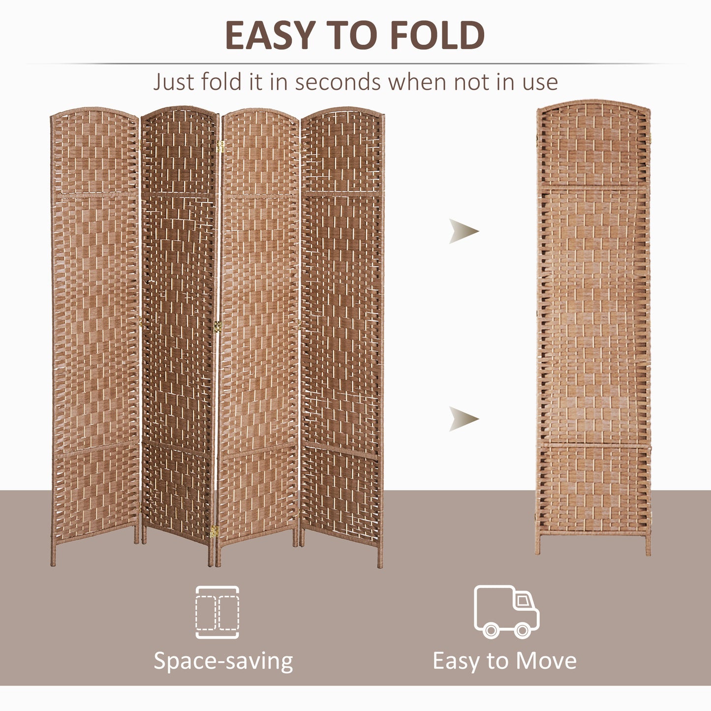 6FT Tall 4-Panel Wicker Weave Room Divider, Folding Privacy Screen, Portable Partition For Bedroom & Home Office, Natural