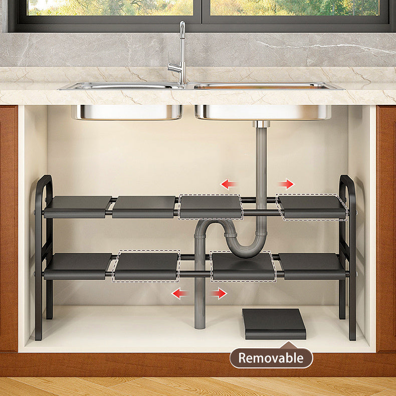 Under Sink Organizer, Under Bathroom Cabinet Organizer,2 Tier Expandable Heavy Duty Metal Shelf, With 3 Removable Panels And 2 Storage Basket, Under Sink Storage For Kitchen Bathroom Cabinet