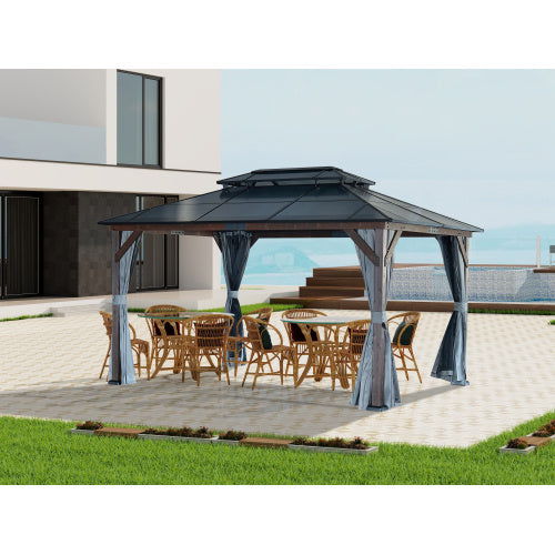 10' X 13' Hardtop Wood Gazebo For Patios, Outdoor Framed Gazebo With Polycarbonate Double Roof Canopy, Solid Wooden Framed Gazebo With Privacy Curtains And Mosquito Nettings For Garden, Backyard