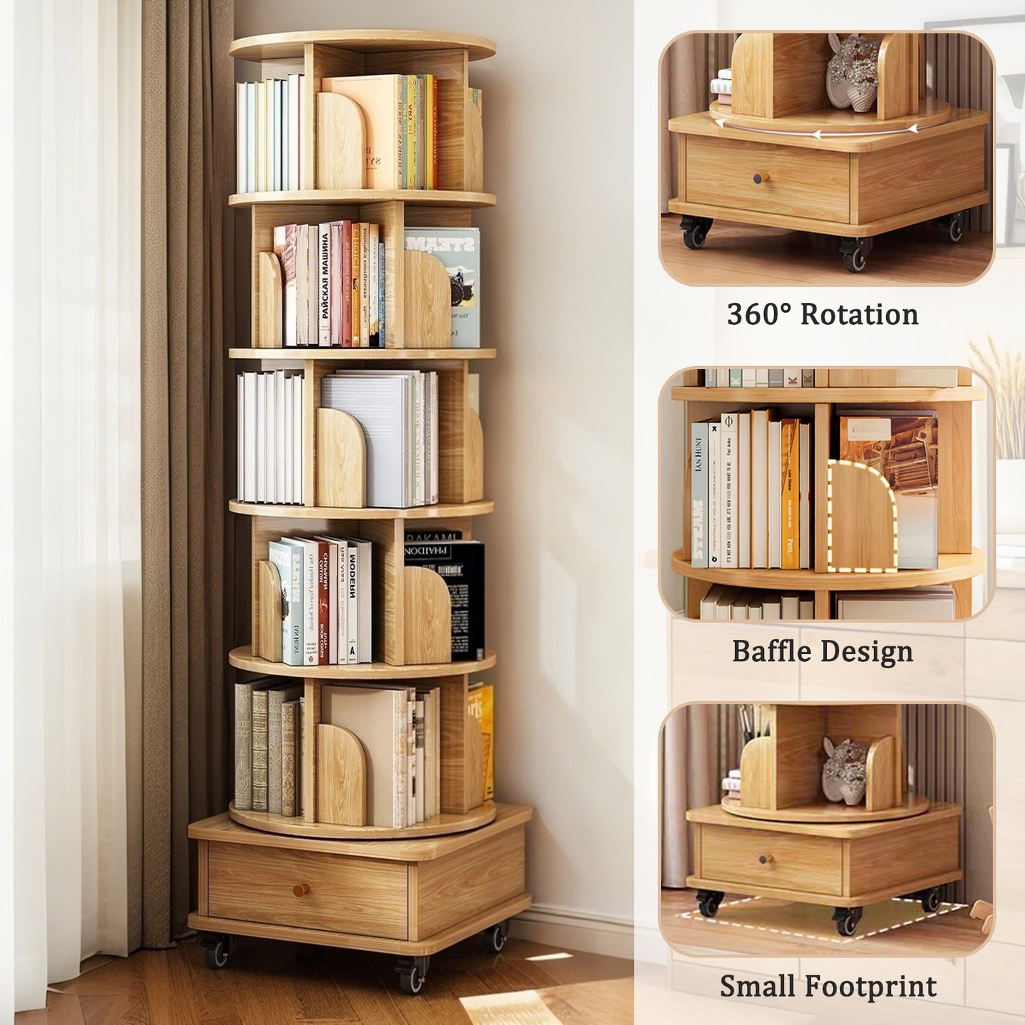 Layer Rotating Bookshelf,  Display Circular Rotating Bookshelf With Wheels And Drawers, Saving Space, Small Space Rotating Bookshelf Tower, Natural Wood Color, Banned Platform Temu