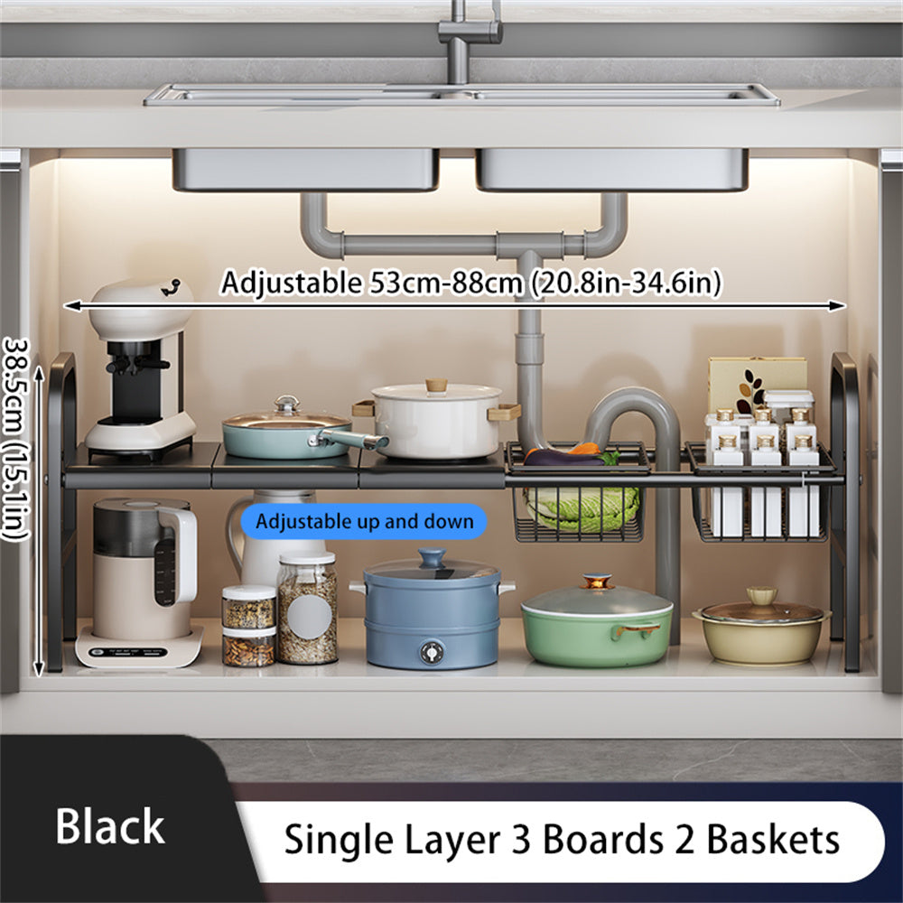 Under Sink Organizer, Under Bathroom Cabinet Organizer,2 Tier Expandable Heavy Duty Metal Shelf, With 3 Removable Panels And 2 Storage Basket, Under Sink Storage For Kitchen Bathroom Cabinet