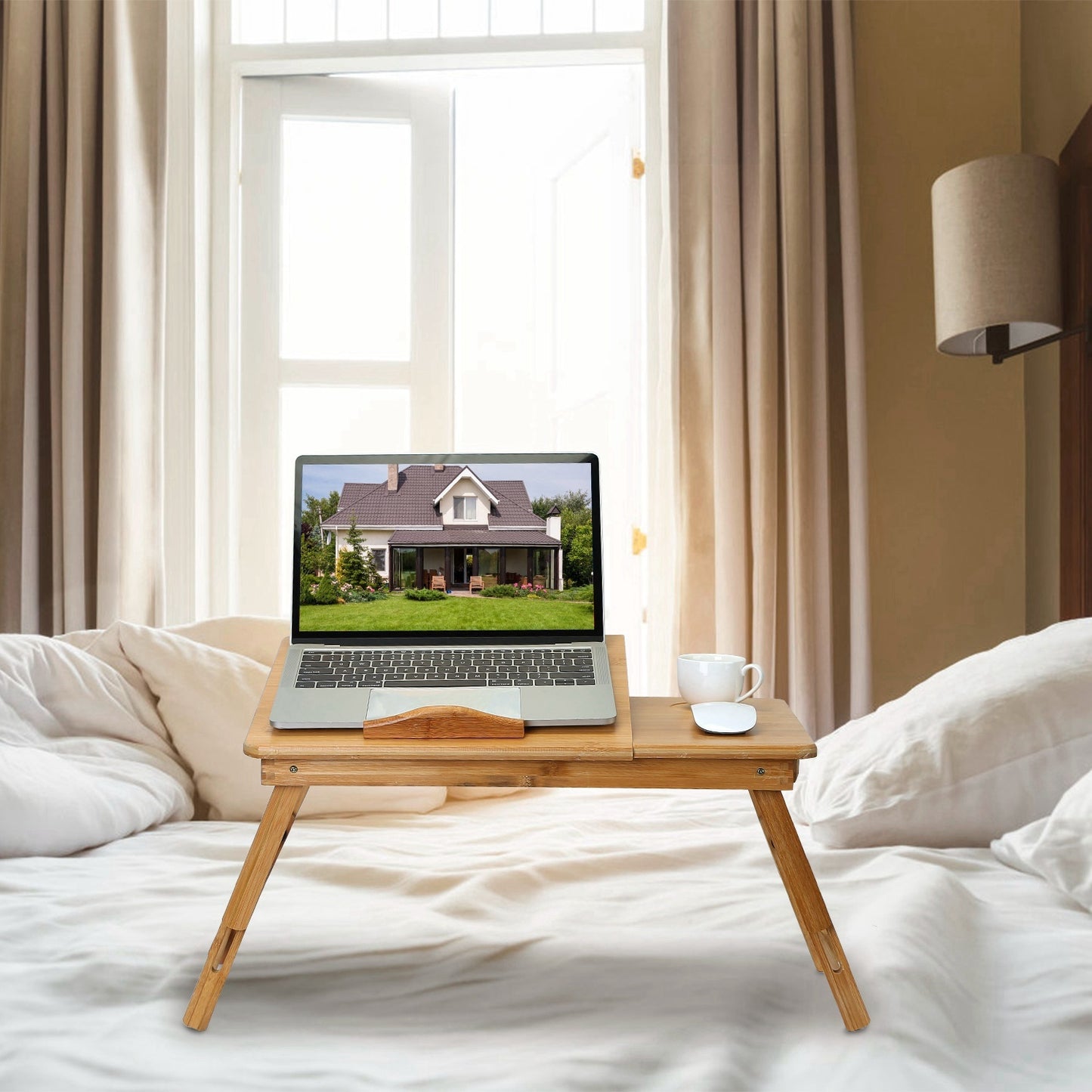 1Pc Bamboo Laptop Desk Breakfast Serving Bed Tray Foldable Leg Multi-Position Adjustable Tilt Surface Bed Lap Tray With Side Storage Drawer For Work Study Reading