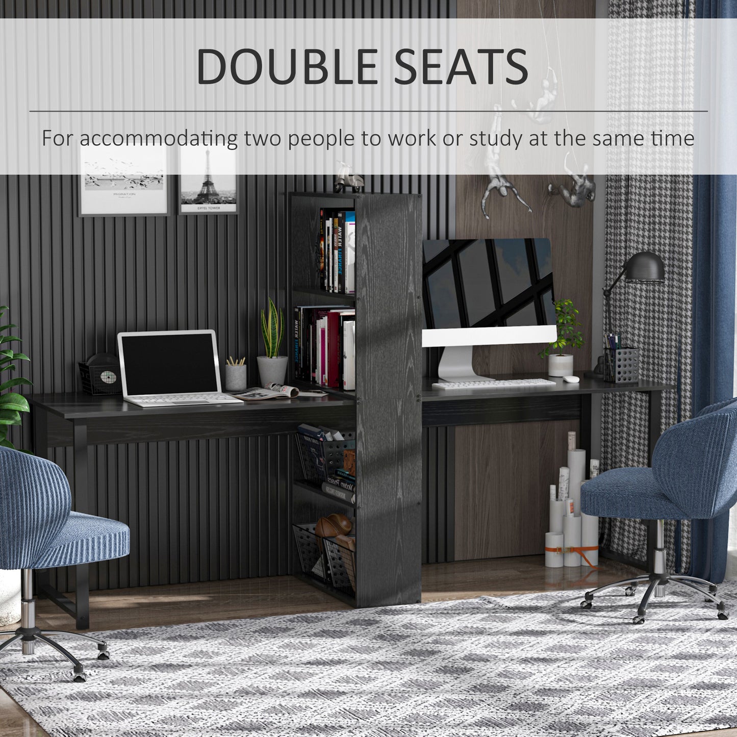 Extra Long 2-Person Desk With Bookshelf Black Home Office Workstation Combo