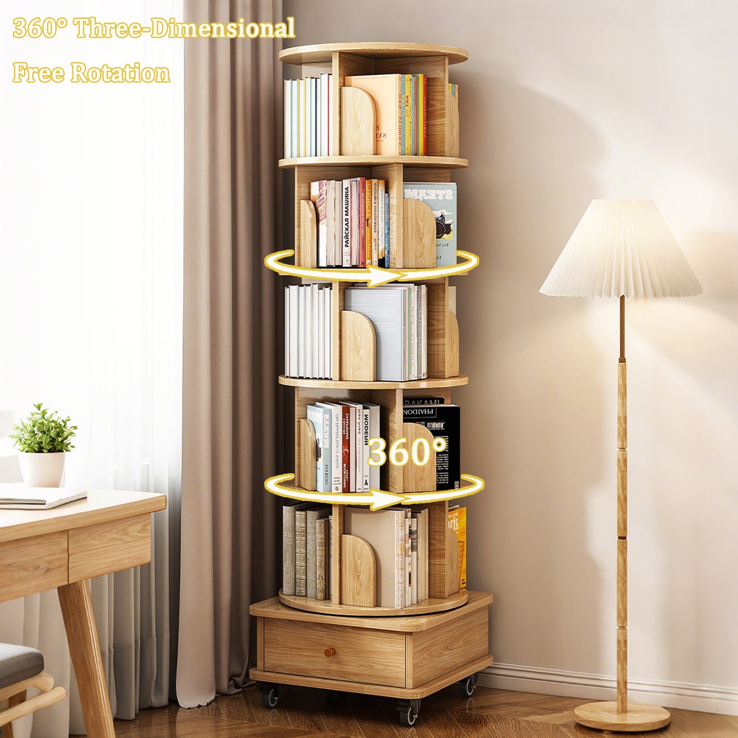 Layer Rotating Bookshelf,  Display Circular Rotating Bookshelf With Wheels And Drawers, Saving Space, Small Space Rotating Bookshelf Tower, Natural Wood Color, Banned Platform Temu