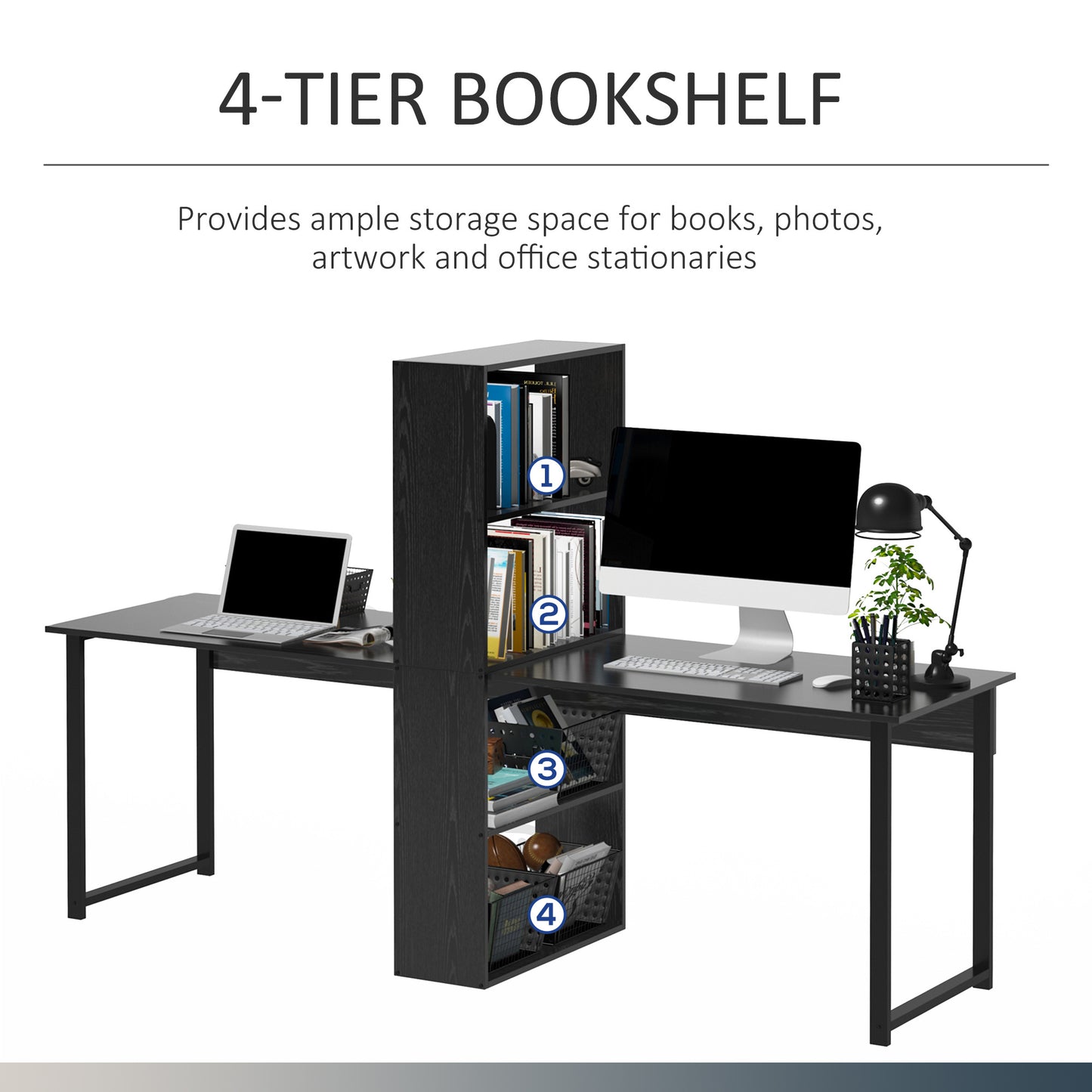 Extra Long 2-Person Desk With Bookshelf Black Home Office Workstation Combo