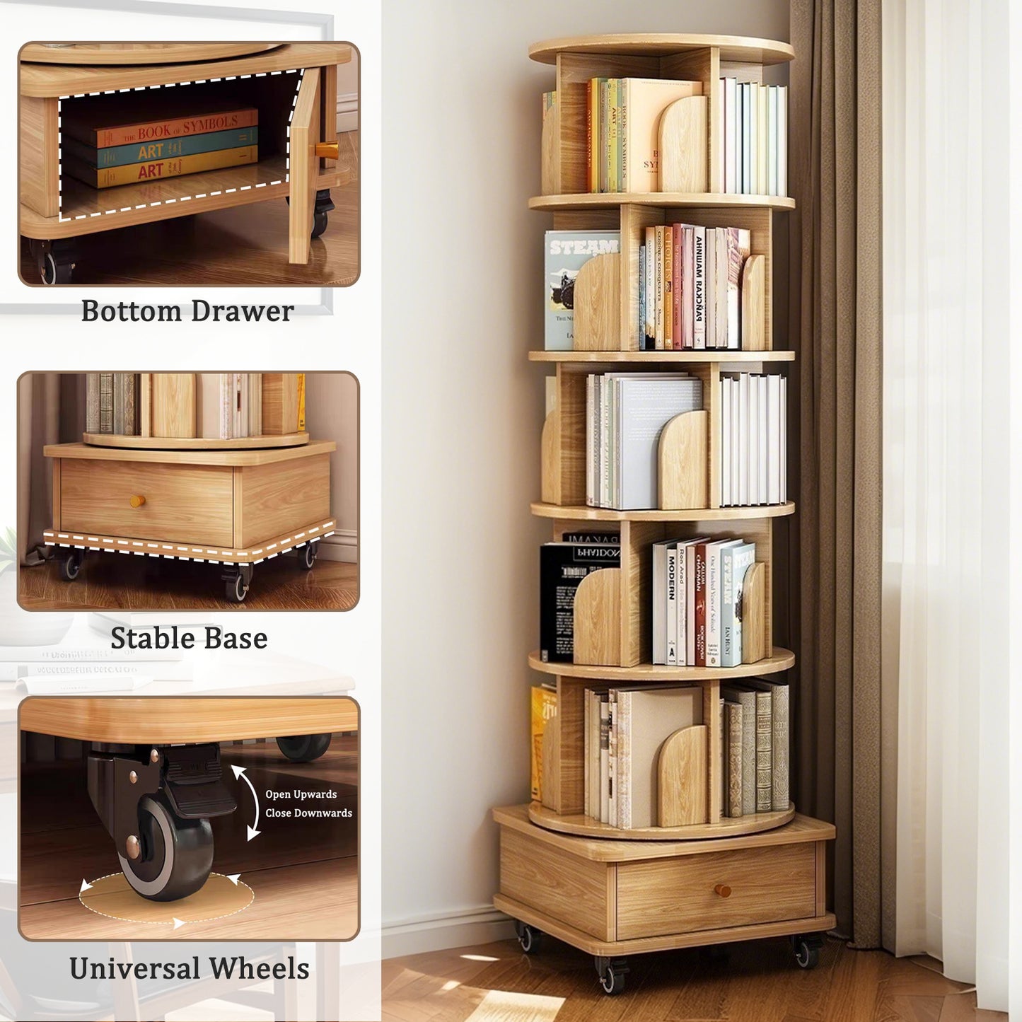 Layer Rotating Bookshelf,  Display Circular Rotating Bookshelf With Wheels And Drawers, Saving Space, Small Space Rotating Bookshelf Tower, Natural Wood Color, Banned Platform Temu